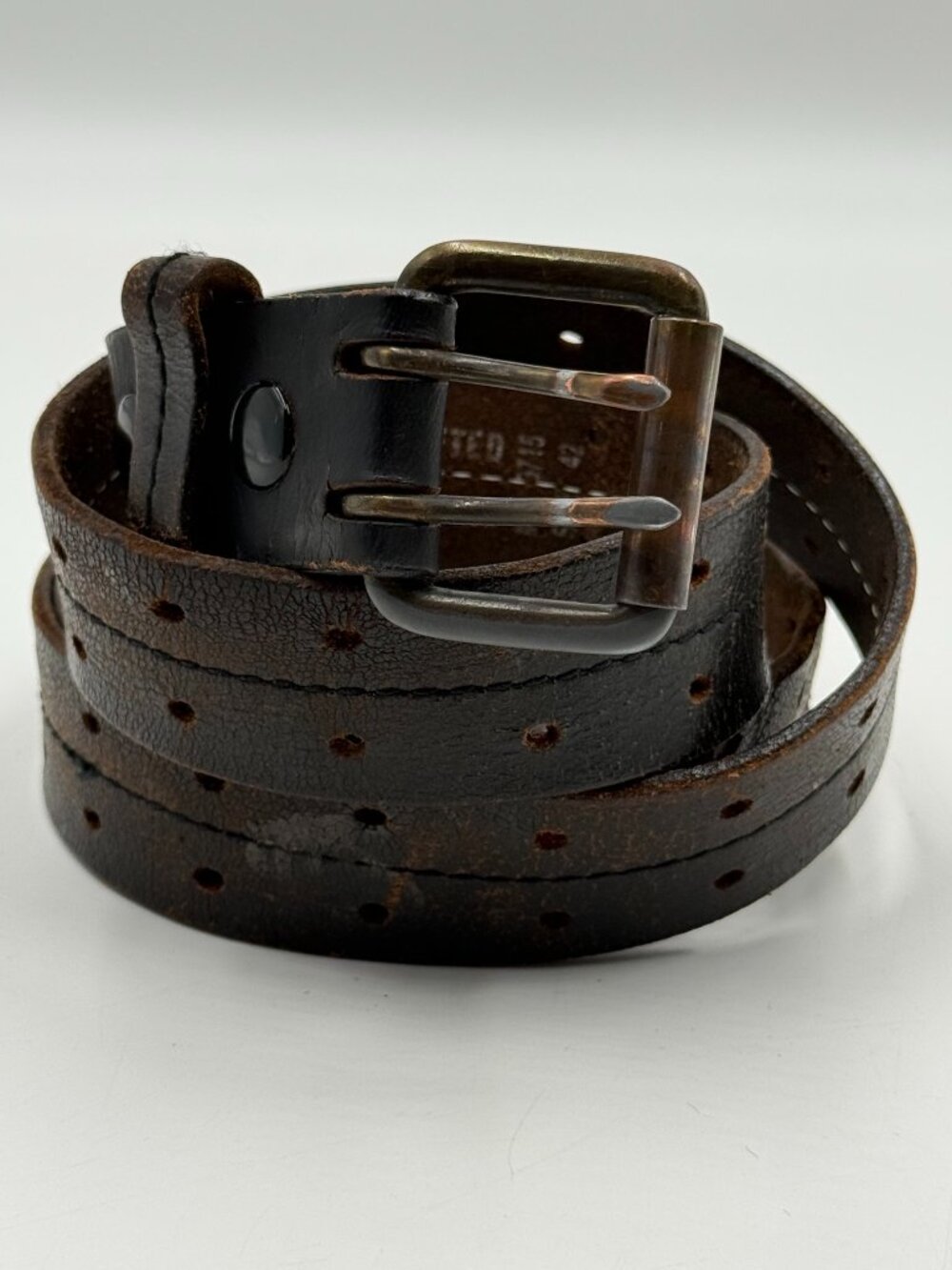 Leather Multi Hole Double Prong Belt Black Worn Size 42 1.25" Wide Very Worn